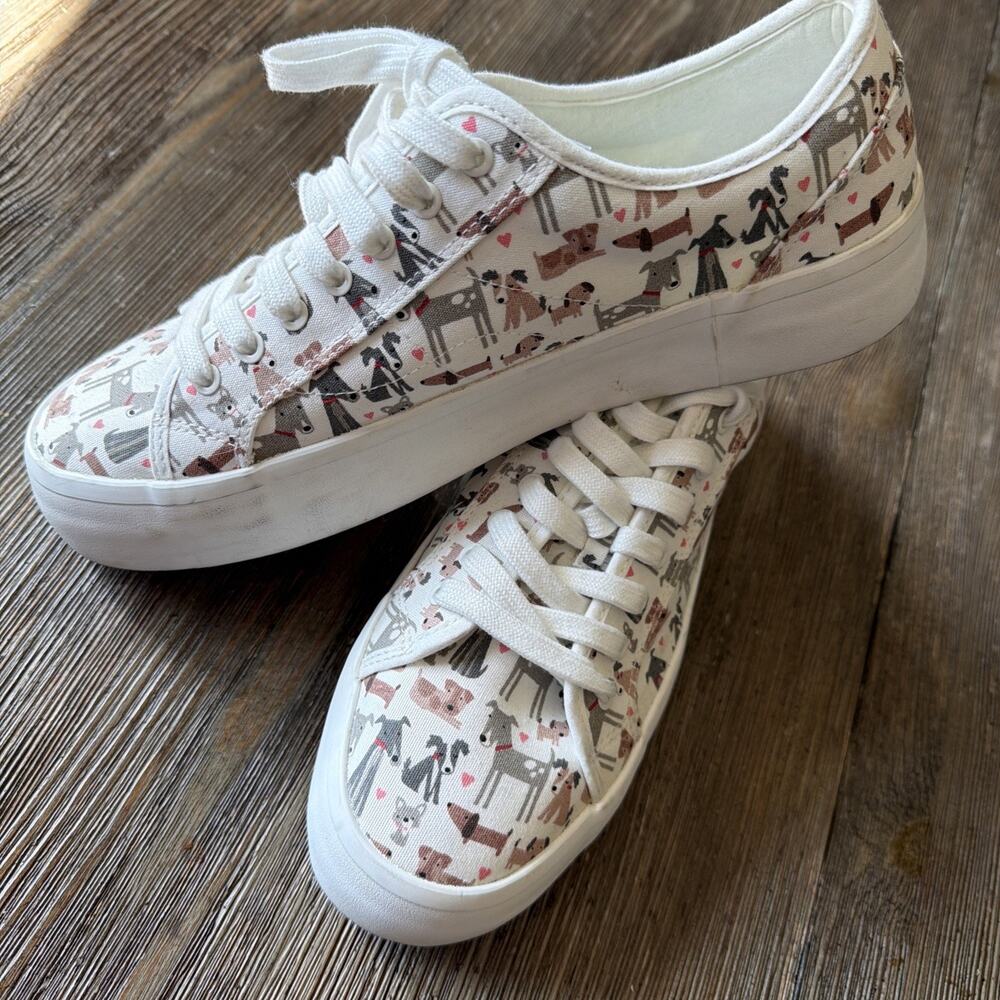 Cynthia Rowley Grey Brown Varied Dogs Tiny Hearts Platform Canvas Shoes women 10